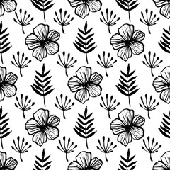 Botanical seamless pattern with flowers, branches, and leaves. Hand drawn design elements. Vector illustration.