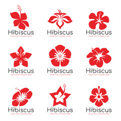 Red Hibiscus flower logo sign vector set design - obrazy, fototapety, plakaty