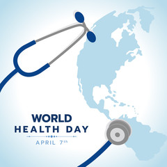 World health day banner with blue stethoscope sign and world earth map background vector design
