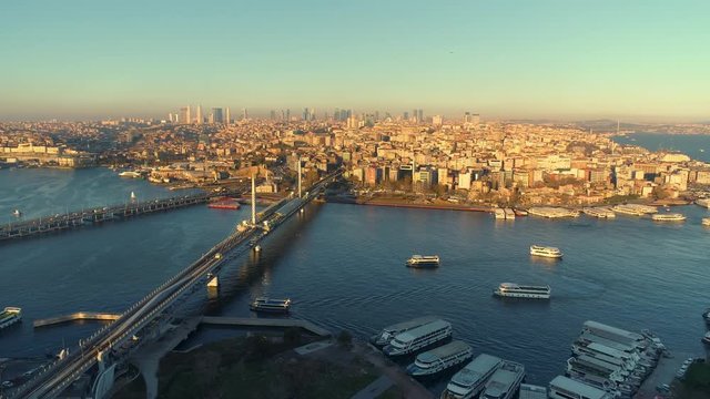 Ships floating Bosphorus blue water sunny day. Aerial drone view on sunset in Istanbul, Turkey