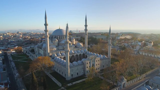 The Blue Mosque Sultanahmet in Istanbul, Turkie. Aerial drone view Shot. Blue sky, sunset.