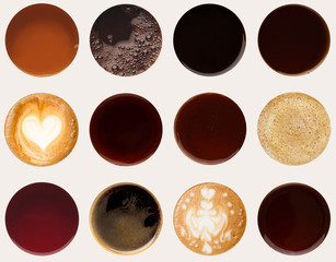 Collection of coffee cups tops isolated on white