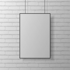 White blank poster mockup hanging on brick wall. Vector template.