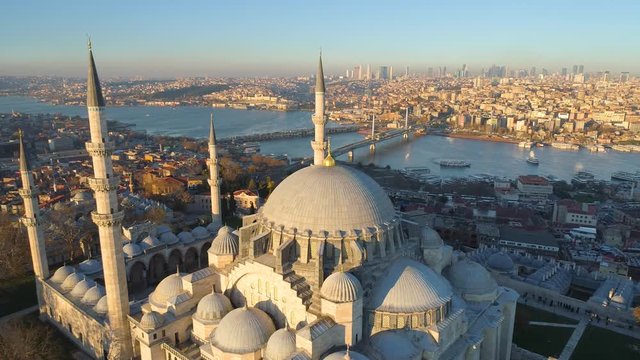 The Blue Mosque Sultanahmet in Istanbul, Turkie. Aerial drone view Shot. Blue sky, sunset.