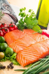 Fresh salmon steak and vegetables