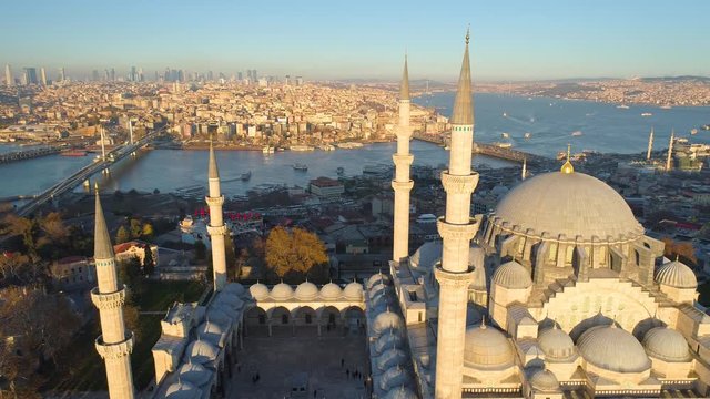 The Blue Mosque Sultanahmet in Istanbul, Turkie. Aerial drone view Shot. Blue sky, sunset.