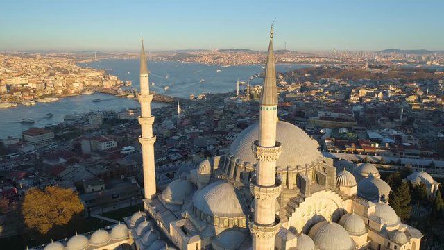 The Blue Mosque Sultanahmet in Istanbul, Turkie. Aerial drone view Shot. Blue sky, sunset.