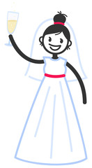Vector illustration of cute stick figure happy bride in wedding dress raising glass of champagne isolated on white background