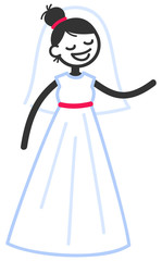 Vector illustration of cute stick figure happy bride in wedding dress pointing and explaining isolated on white background