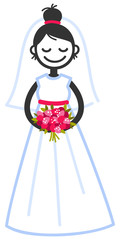 Vector illustration of cute stick figure happy bride in wedding dress holding bridal bouquet isolated on white background