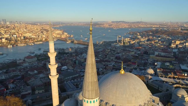 The Blue Mosque Sultanahmet in Istanbul, Turkie. Aerial drone view Shot. Blue sky, sunset.