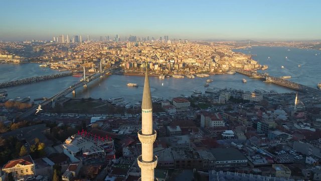 The Blue Mosque Sultanahmet in Istanbul, Turkie. Aerial drone view Shot. Blue sky, sunset.