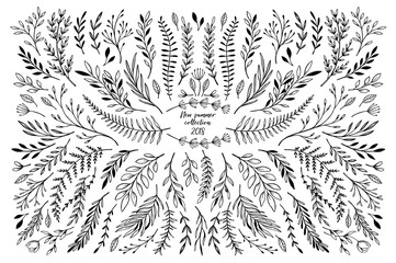 Hand sketched vector floral elements ( leaves, flowers, swirls and branches). Botanical illustrations. Perfect for wedding invitations, greeting cards, quotes, blogs, Frames