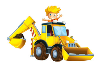 Obraz na płótnie Canvas Cartoon funny and happy scene with kid playing worker in the toy excavator - on white background - illustration for children