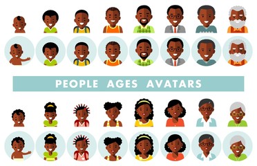 Set of african american ethnic people generations avatars at different ages. Man and woman african american ethnic aging icons - baby, child, teenager, young, adult, old.