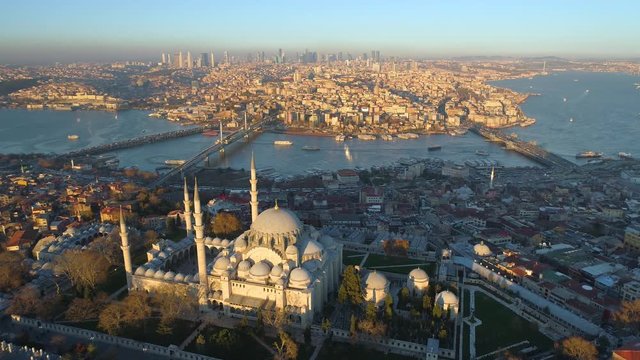 The Blue Mosque Sultanahmet in Istanbul, Turkie. Aerial drone view Shot. Blue sky, sunset.