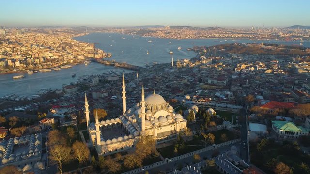 The Blue Mosque Sultanahmet in Istanbul, Turkie. Aerial drone view Shot. Blue sky, sunset.