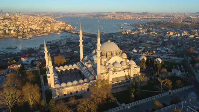 The Blue Mosque Sultanahmet in Istanbul, Turkie. Aerial drone view Shot. Blue sky, sunset.