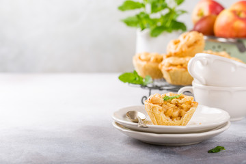 Homemade mini apple pies on white plates decorated with mint leaves on light concrete background. Healthy food concept with copy space.