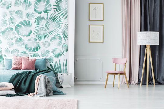 Pink and green bedroom interior