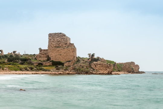 The ruins  of the Chateau Pelerin fortress built by the Knights Templar during the fifth Crusade in the beginning of the 13th century near the Atlit city in Israel