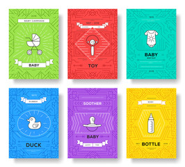 breastfeeding week vector brochure cards thin line set. Child template of flyear, magazines, posters, book cover, banners. Layout kids elements outline illustrations modern pages