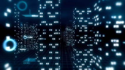 Fototapeta premium Abstract 3d city render with financial numbers around. Dark blue theme.
