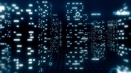Abstract 3d city render with financial numbers around. Dark blue theme.