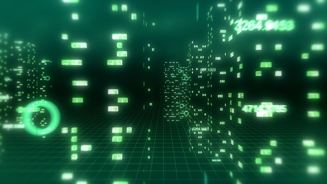 Abstract 3d city render with financial numbers around. Green theme.