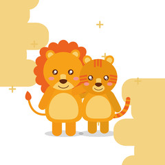 cute tiger lion animals colored background vector illustration