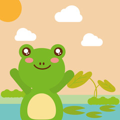 cute animal frog pond leaves natural cartoon vector illustration
