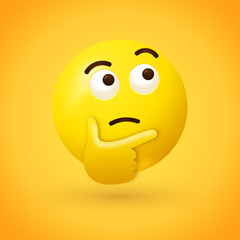 Thinking face emoji - emoticon face shown with a single finger and thumb resting on the chin glancing upward on yellow background - 198329679