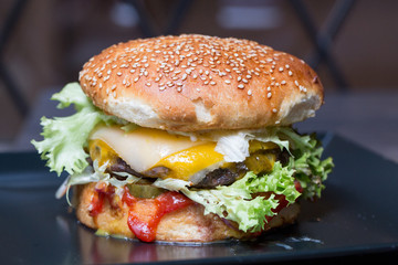 close up of tasty classic burger