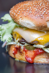 close up of tasty classic burger