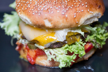 close up of tasty classic burger