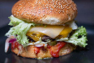 close up of tasty classic burger