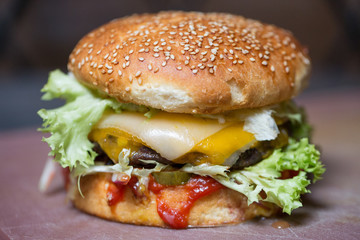 close up of tasty classic burger