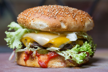 close up of tasty classic burger