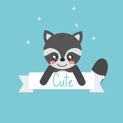 cute animal raccoon ribbon shiny background vector illustration