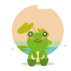 cute frog sit with landscape pond natural vector illustration