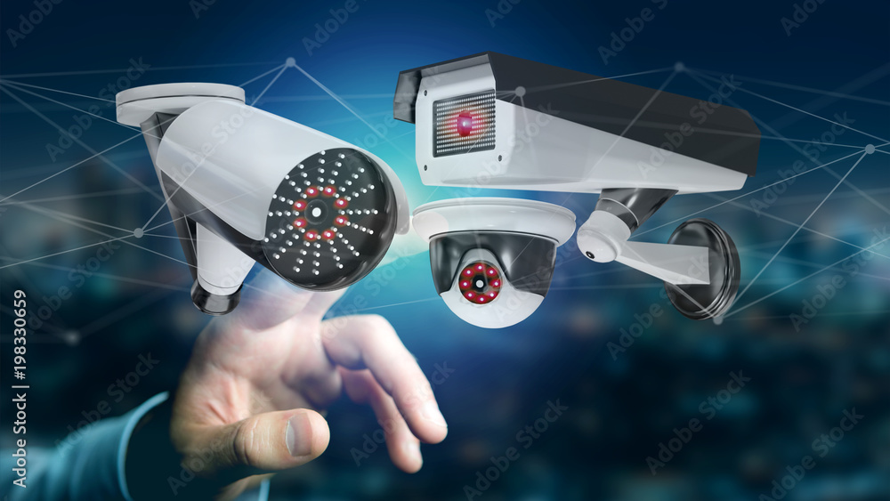 Poster businessman holding a security camera system and network connection - 3d rendering