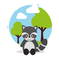 cute raccoon sit with landscape trees natural vector illustration
