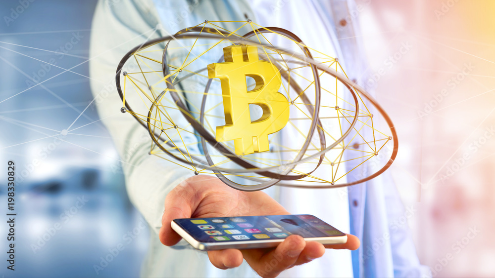Poster businessman using a smartphone with a bitcoin crypto currency sign flying around a network connectio