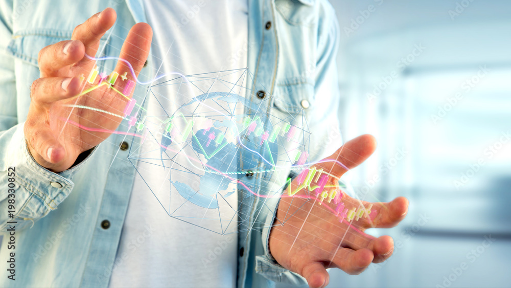 Poster businessman holding a 3d render stock exchange trading data information display on a futuristic inte