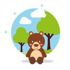 cute bear sit with landscape trees natural vector illustration