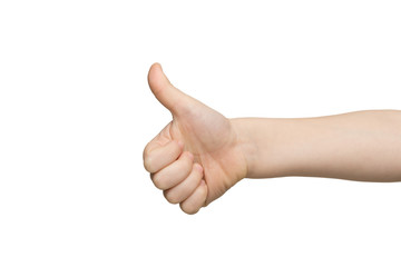 Kid hand making thumb up gesture isolated on white