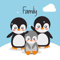 cute animals penguin family in winter landscape vector illustration