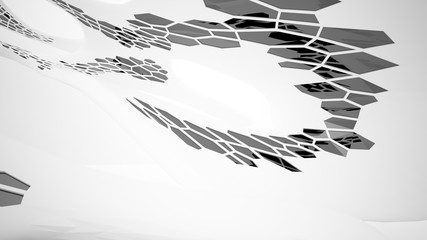 Abstract white and black parametric interior with window. 3D illustration and rendering.