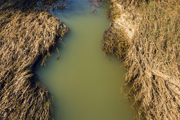 Muddy stream flowing across the field of long dried grass - nature abstract background - horizontal