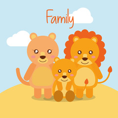 cute animals lion family in desert field vector illustration
